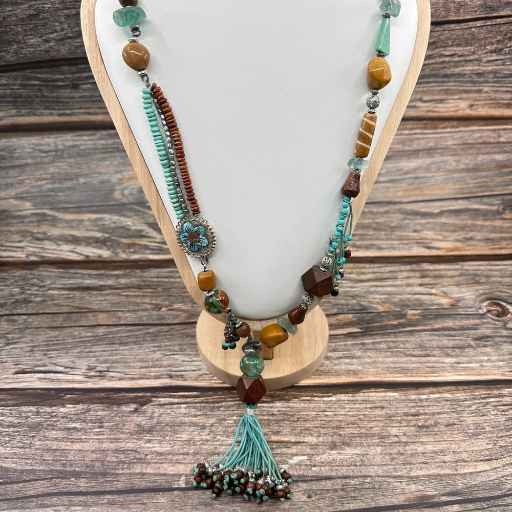 Turquoise Tone Brown Beaded Tassel Necklace Boho Wood Glass Statement Vintage